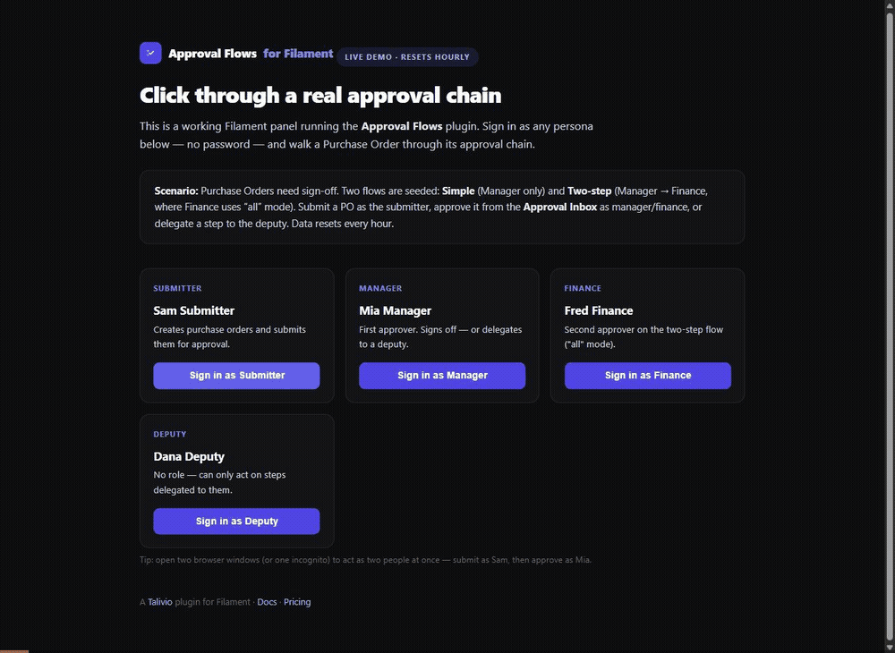 Submitting a Purchase Order and approving it from the Approval Inbox in a Filament panel